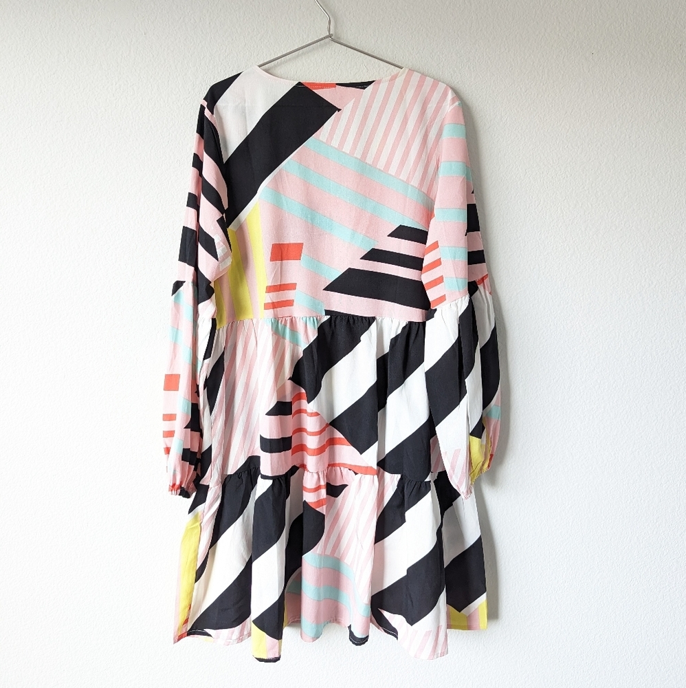 Fun Colorful Retro Colorblock Long Sleeve Ruffled Mini Dress - Picture 4 of 4